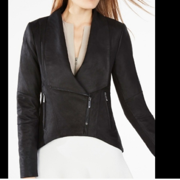 BCBGMAXAZRIA black genuine soft leather draped collar jacket front zip size XXS. - Picture 2 of 13